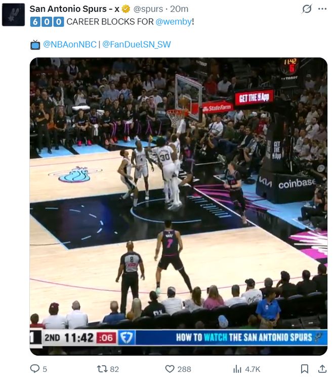 文班亚马600+盖帽里程碑闪耀马刺大胜热火